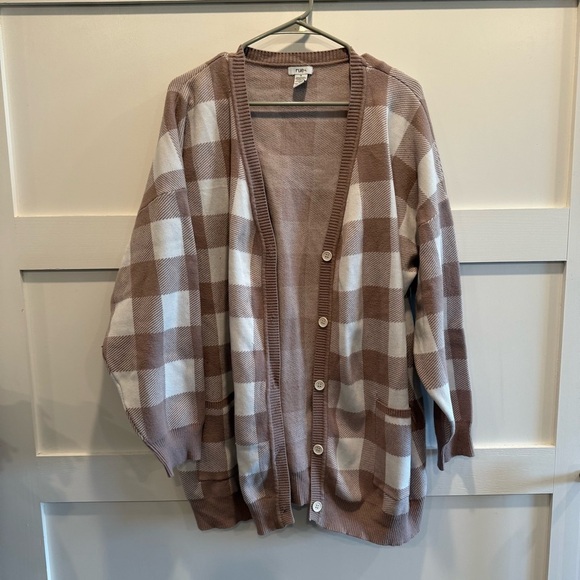 Cozy Checkered Cardigan in Brown and White - Picture 1 of 7